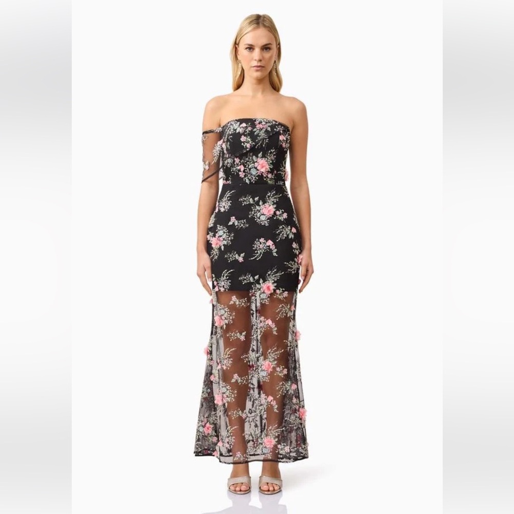elliatt gaia black & pink 3d flower applique beaded strapless maxi dress small